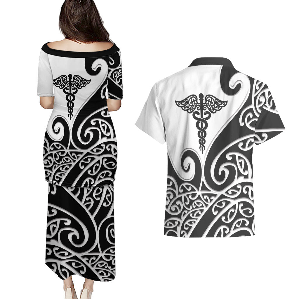 Personalised New Zealand Nurse Couples Matching Puletasi and Hawaiian Shirt Maori Koru Black Version