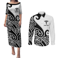 Personalised New Zealand Nurse Couples Matching Puletasi and Long Sleeve Button Shirt Maori Koru Black Version