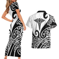 Personalised New Zealand Nurse Couples Matching Short Sleeve Bodycon Dress and Hawaiian Shirt Maori Koru Black Version LT05 - Polynesian Pride