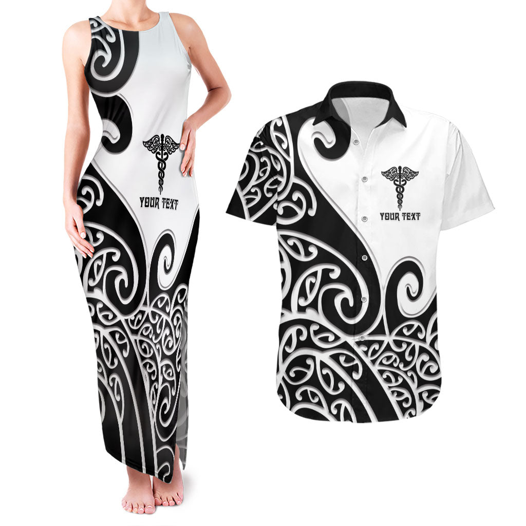 Personalised New Zealand Nurse Couples Matching Tank Maxi Dress and Hawaiian Shirt Maori Koru Black Version