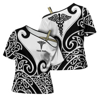 Personalised New Zealand Nurse Cross Shoulder Shirt Maori Koru Black Version