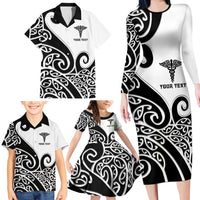 Personalised New Zealand Nurse Family Matching Long Sleeve Bodycon Dress and Hawaiian Shirt Maori Koru Black Version LT05 - Polynesian Pride
