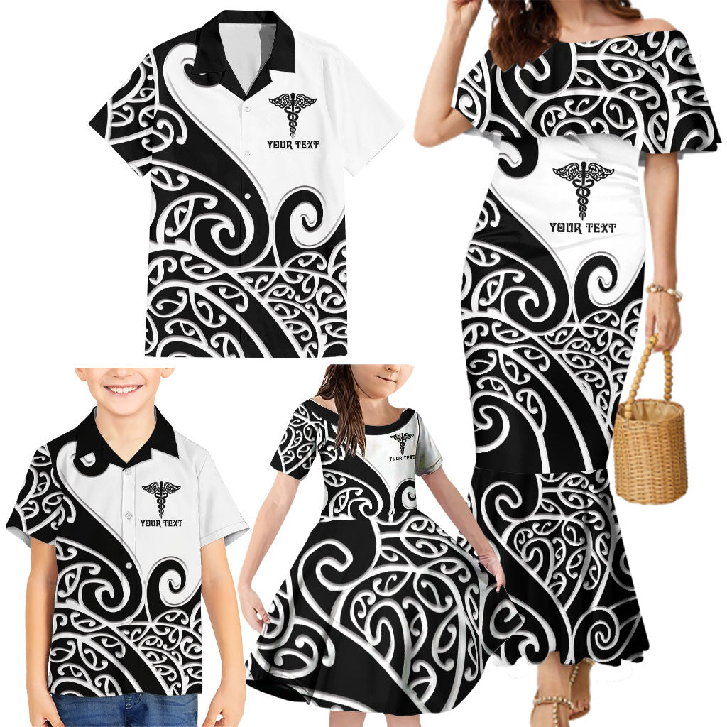 Personalised New Zealand Nurse Family Matching Mermaid Dress and Hawaiian Shirt Maori Koru Black Version