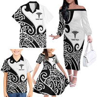 Personalised New Zealand Nurse Family Matching Off The Shoulder Long Sleeve Dress and Hawaiian Shirt Maori Koru Black Version LT05 - Polynesian Pride