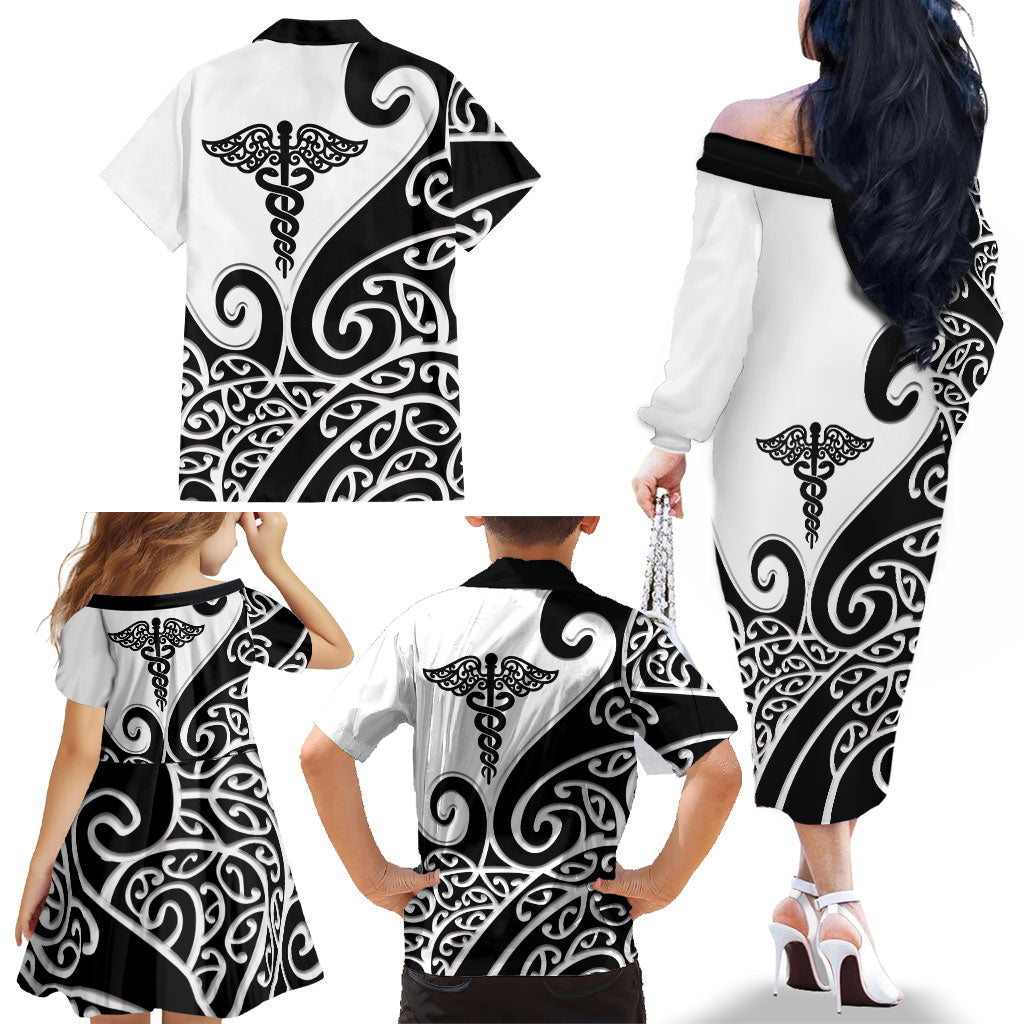 Personalised New Zealand Nurse Family Matching Off The Shoulder Long Sleeve Dress and Hawaiian Shirt Maori Koru Black Version LT05 - Polynesian Pride