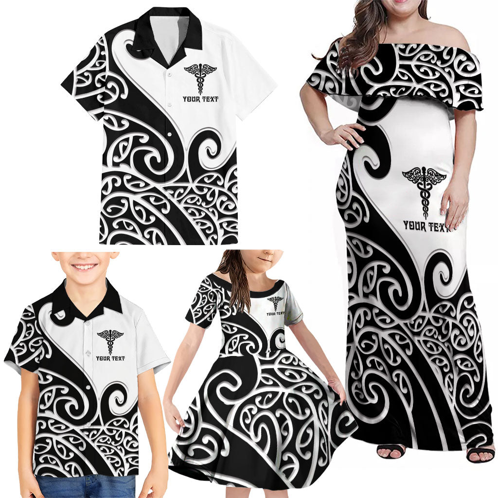 Personalised New Zealand Nurse Family Matching Off Shoulder Maxi Dress and Hawaiian Shirt Maori Koru Black Version LT05 - Polynesian Pride