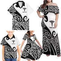 Personalised New Zealand Nurse Family Matching Off Shoulder Maxi Dress and Hawaiian Shirt Maori Koru Black Version LT05 - Polynesian Pride