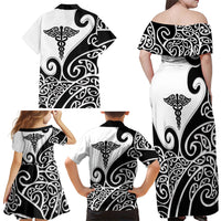 Personalised New Zealand Nurse Family Matching Off Shoulder Maxi Dress and Hawaiian Shirt Maori Koru Black Version LT05 - Polynesian Pride