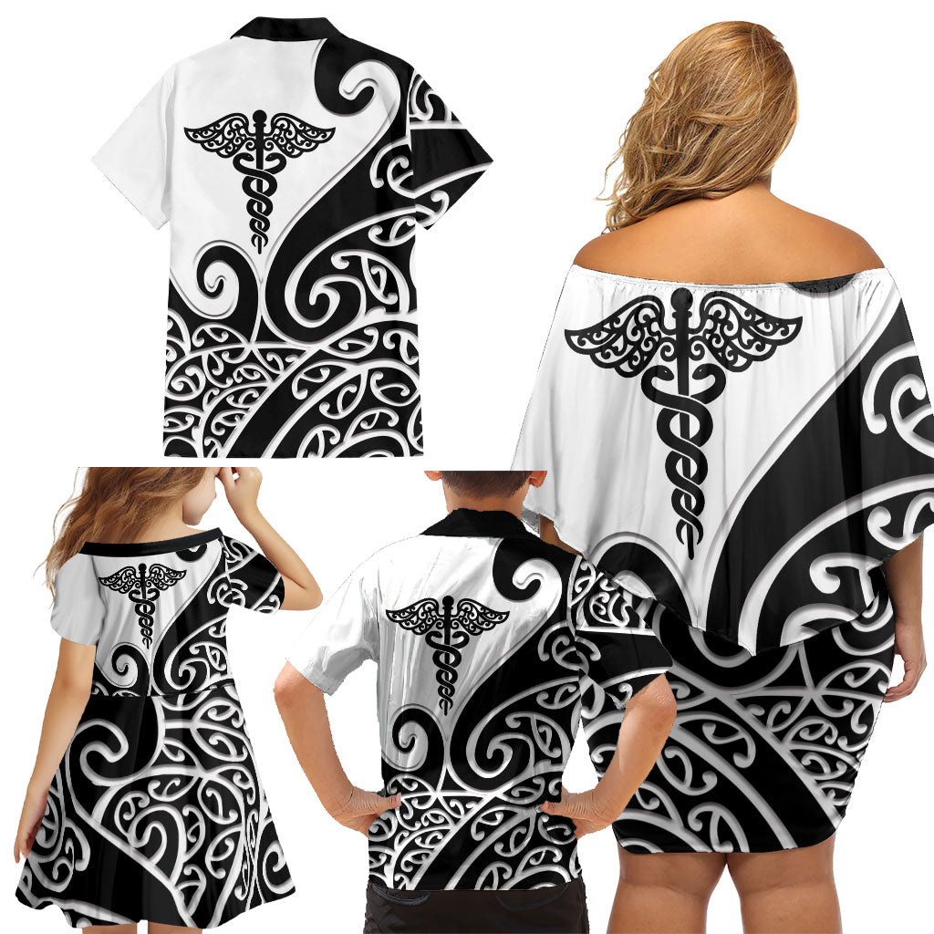 Personalised New Zealand Nurse Family Matching Off Shoulder Short Dress and Hawaiian Shirt Maori Koru Black Version LT05 - Polynesian Pride
