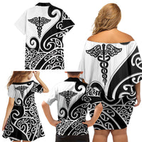 Personalised New Zealand Nurse Family Matching Off Shoulder Short Dress and Hawaiian Shirt Maori Koru Black Version LT05 - Polynesian Pride