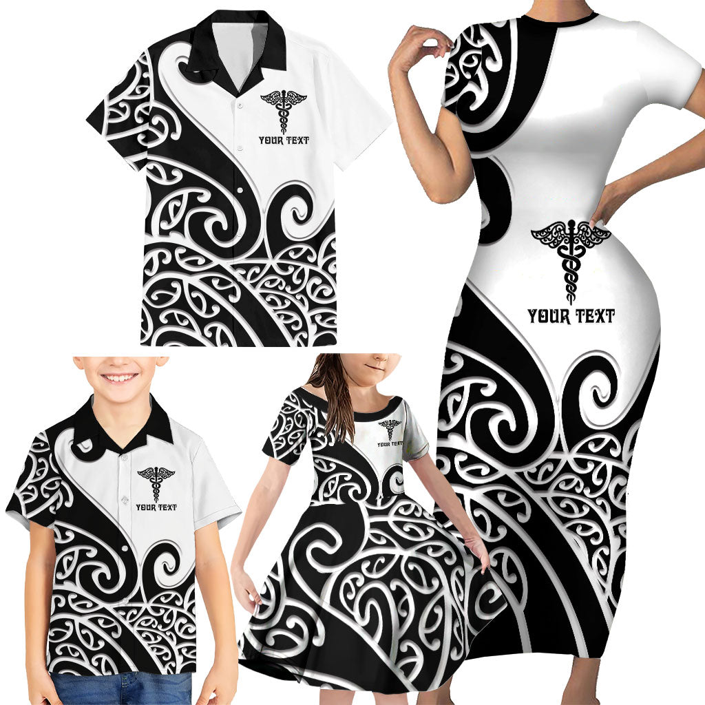 Personalised New Zealand Nurse Family Matching Short Sleeve Bodycon Dress and Hawaiian Shirt Maori Koru Black Version