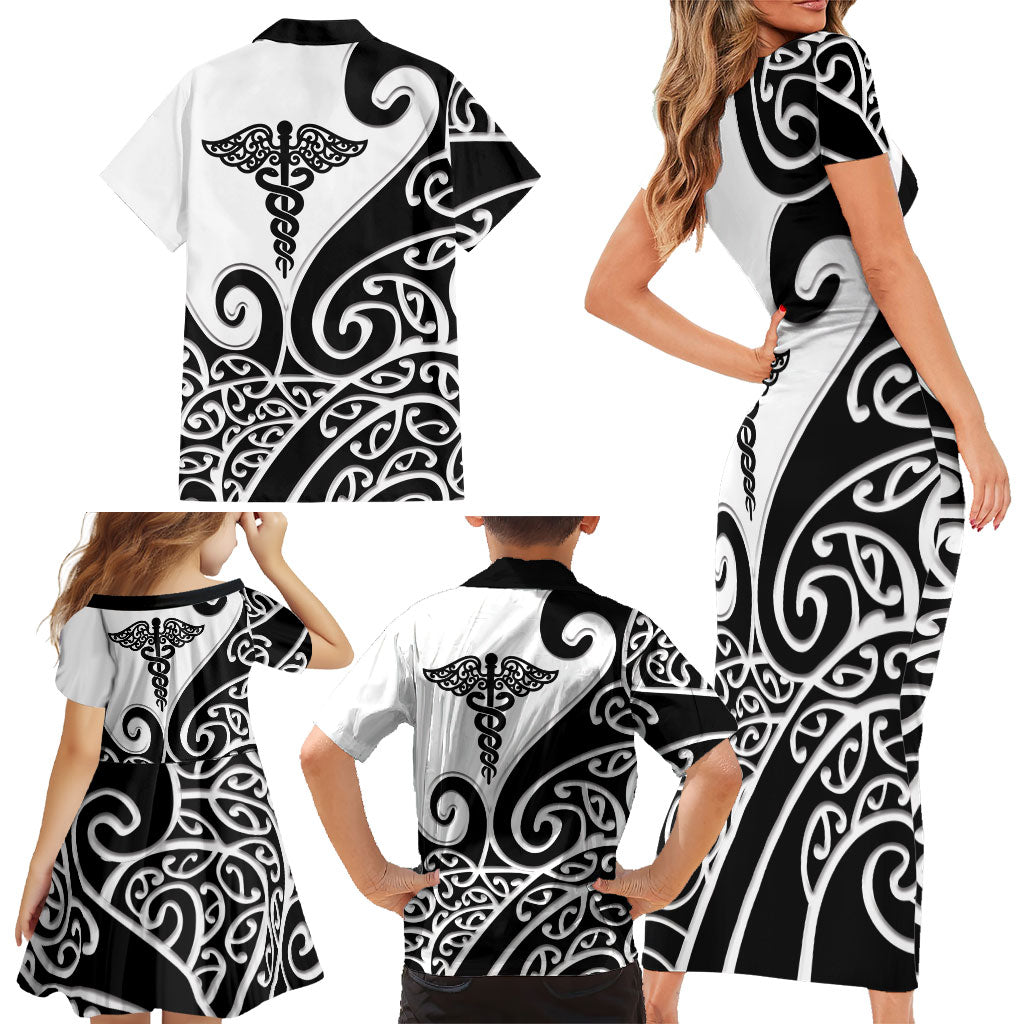 Personalised New Zealand Nurse Family Matching Short Sleeve Bodycon Dress and Hawaiian Shirt Maori Koru Black Version LT05 - Polynesian Pride