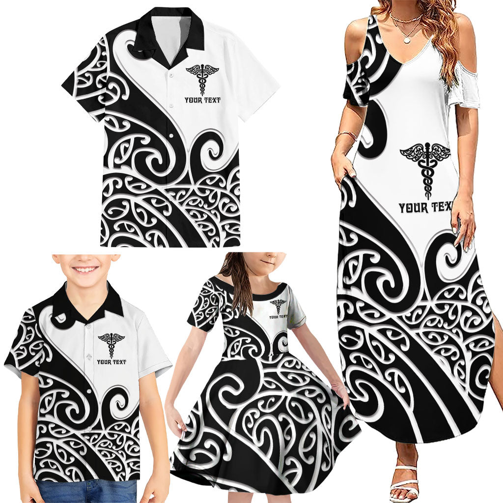 Personalised New Zealand Nurse Family Matching Summer Maxi Dress and Hawaiian Shirt Maori Koru Black Version LT05 - Polynesian Pride