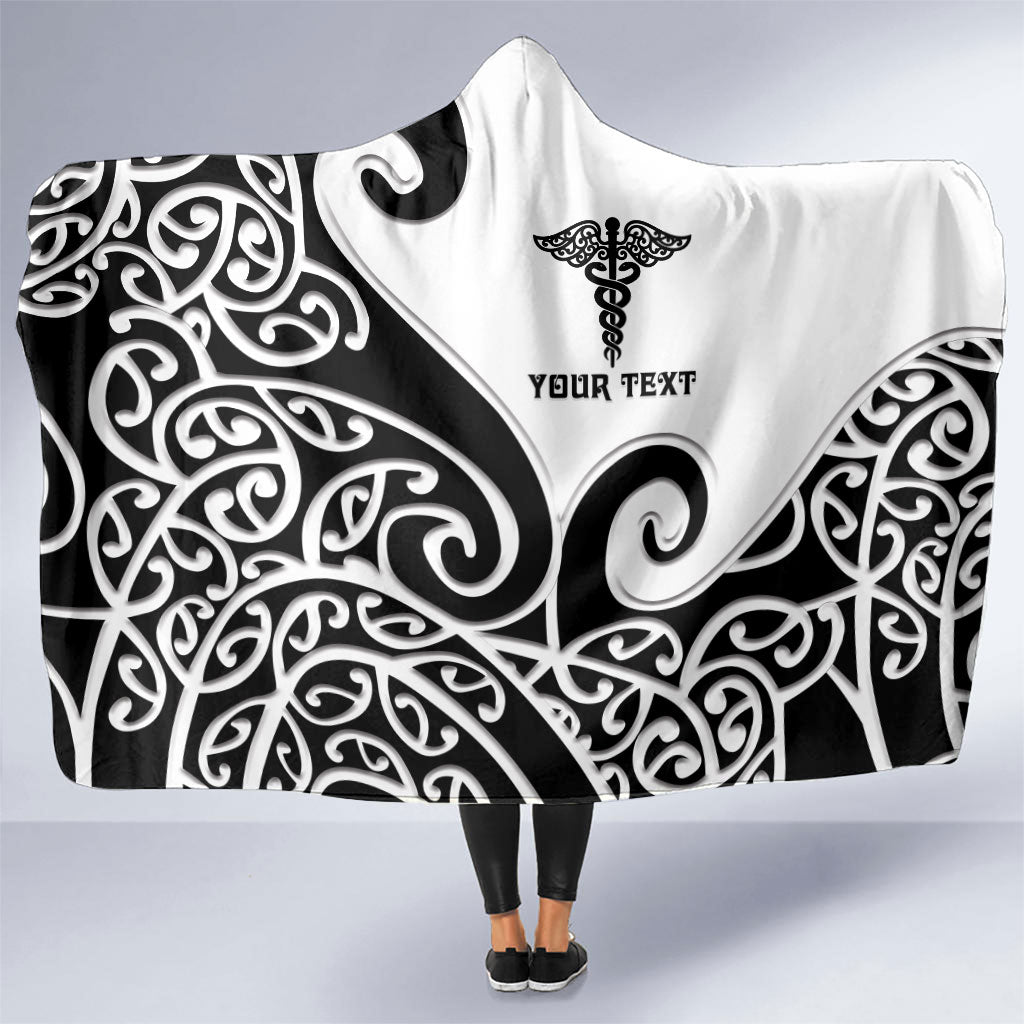 Personalised New Zealand Nurse Hooded Blanket Maori Koru Black Version
