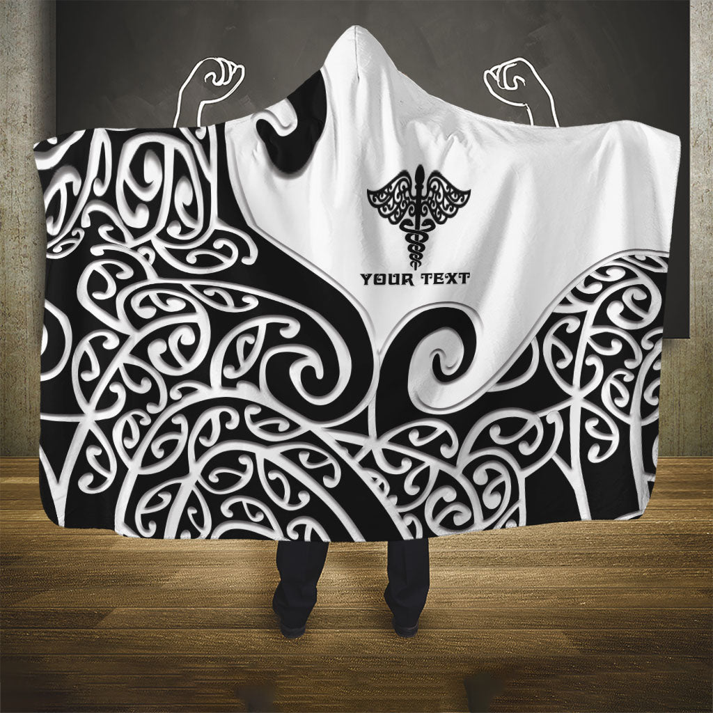 Personalised New Zealand Nurse Hooded Blanket Maori Koru Black Version