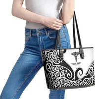 Personalised New Zealand Nurse Leather Tote Bag Maori Koru Black Version