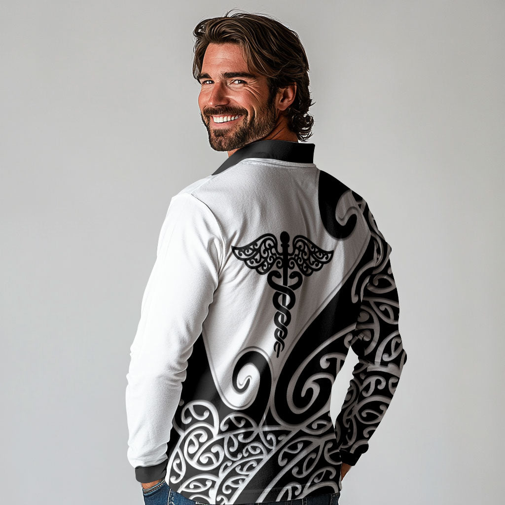 Personalised New Zealand Nurse Long Sleeve Polo Shirt Maori Koru Black Version