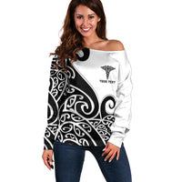 Personalised New Zealand Nurse Off Shoulder Sweater Maori Koru Black Version
