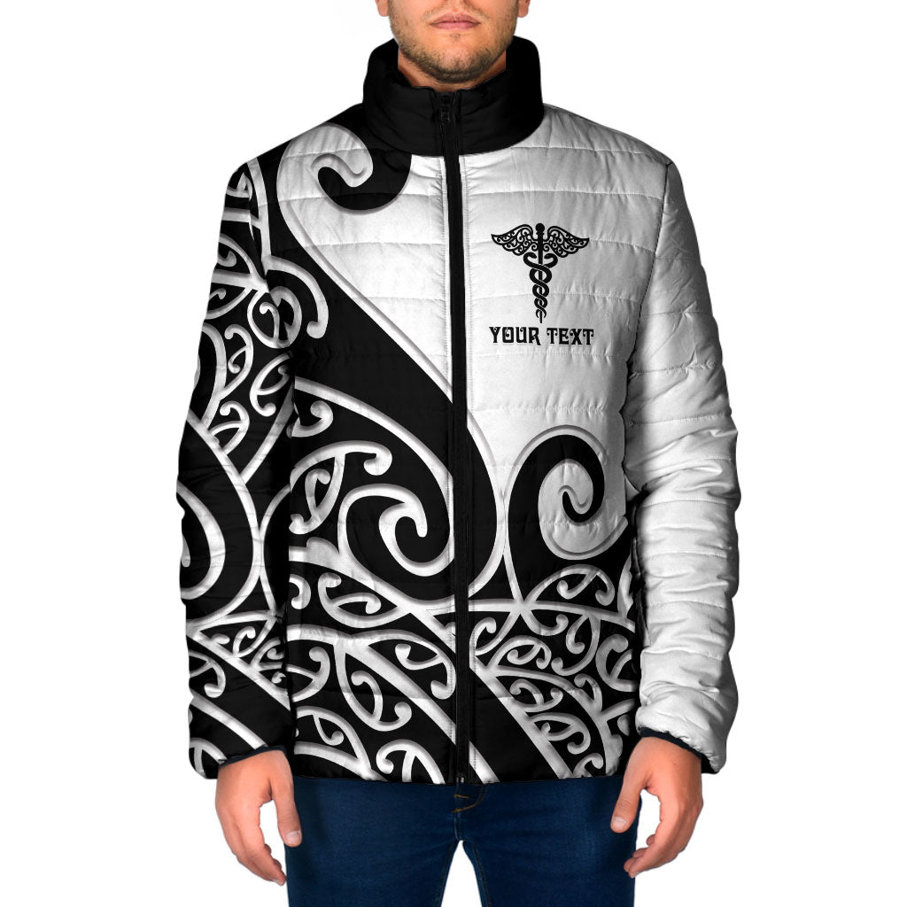 Personalised New Zealand Nurse Padded Jacket Maori Koru Black Version