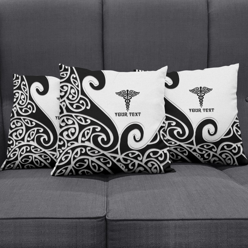 Personalised New Zealand Nurse Pillow Cover Maori Koru Black Version