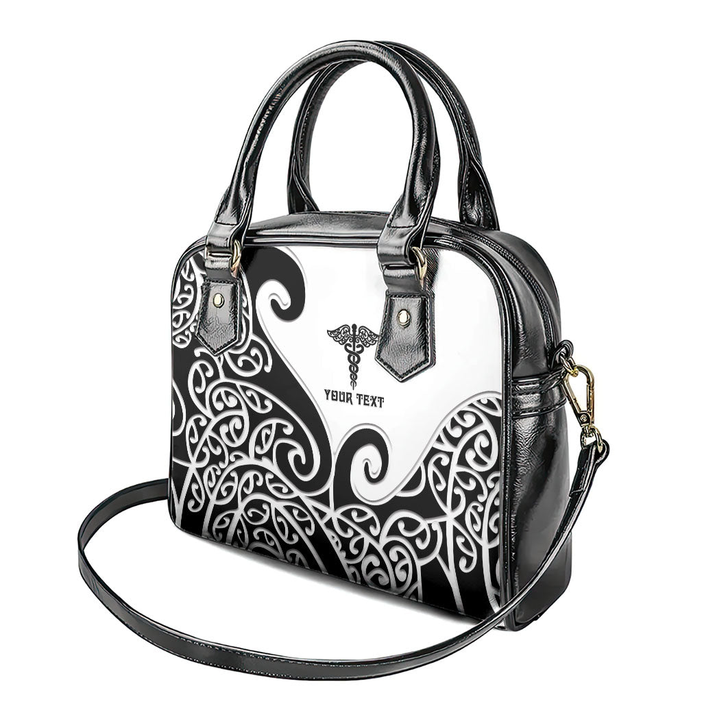Personalised New Zealand Nurse Shoulder Handbag Maori Koru Black Version