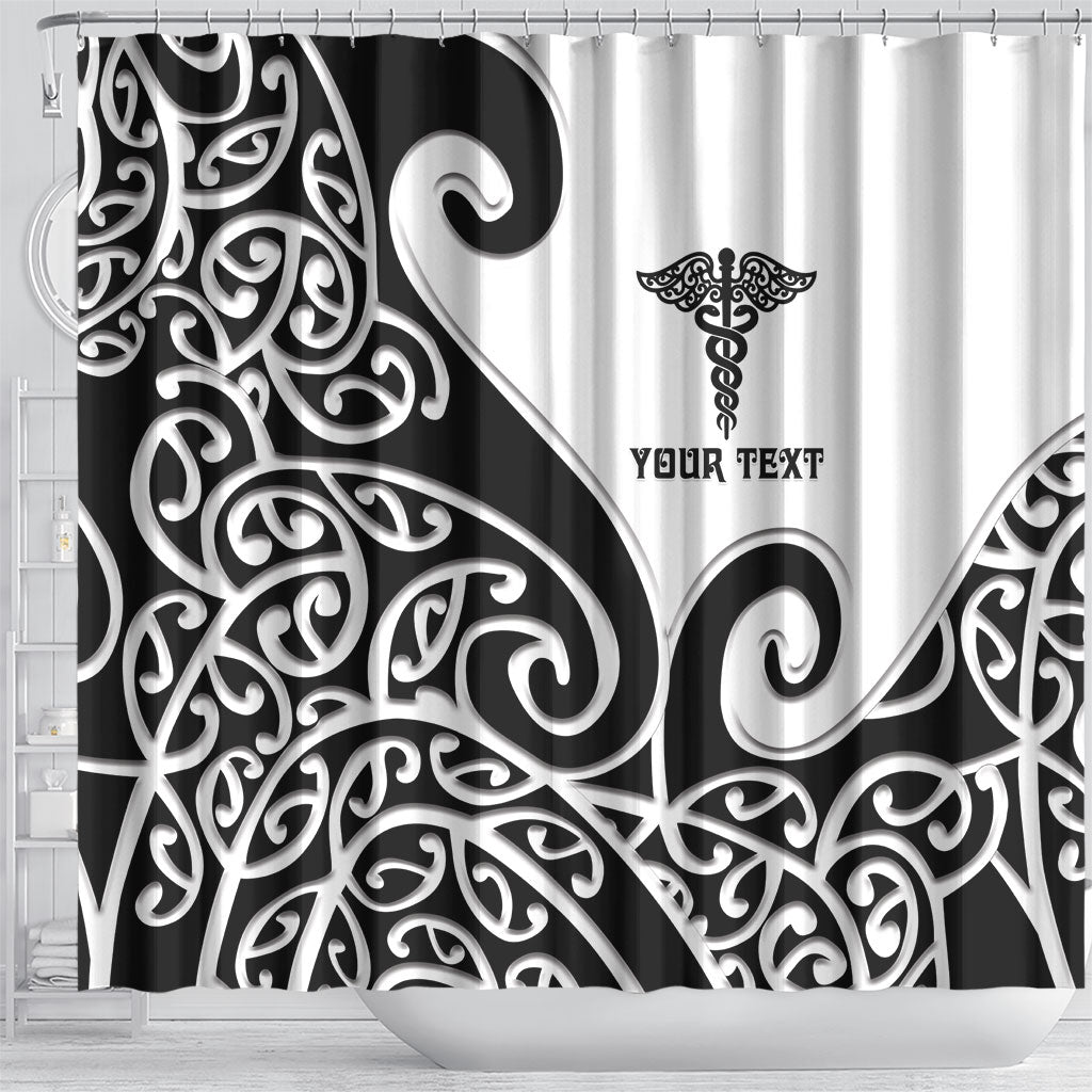 Personalised New Zealand Nurse Shower Curtain Maori Koru Black Version