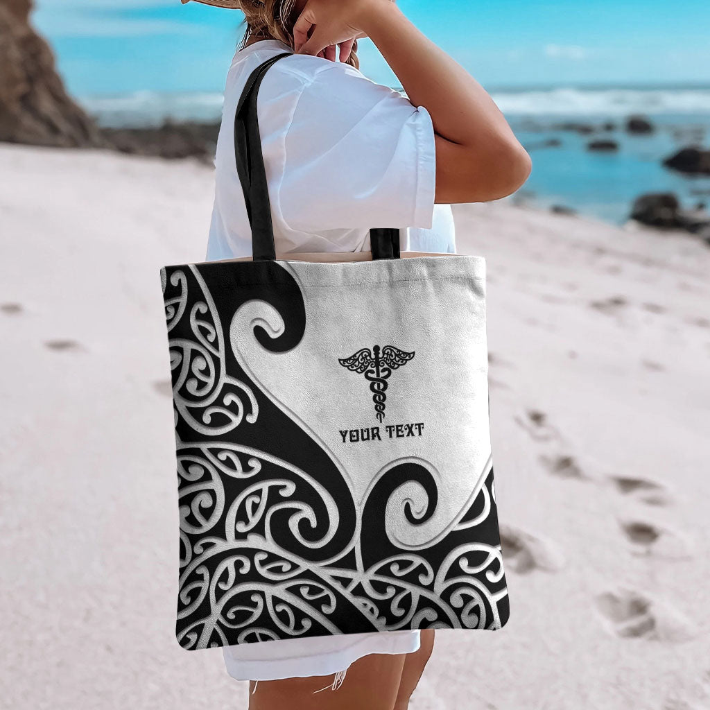 Personalised New Zealand Nurse Tote Bag Maori Koru Black Version