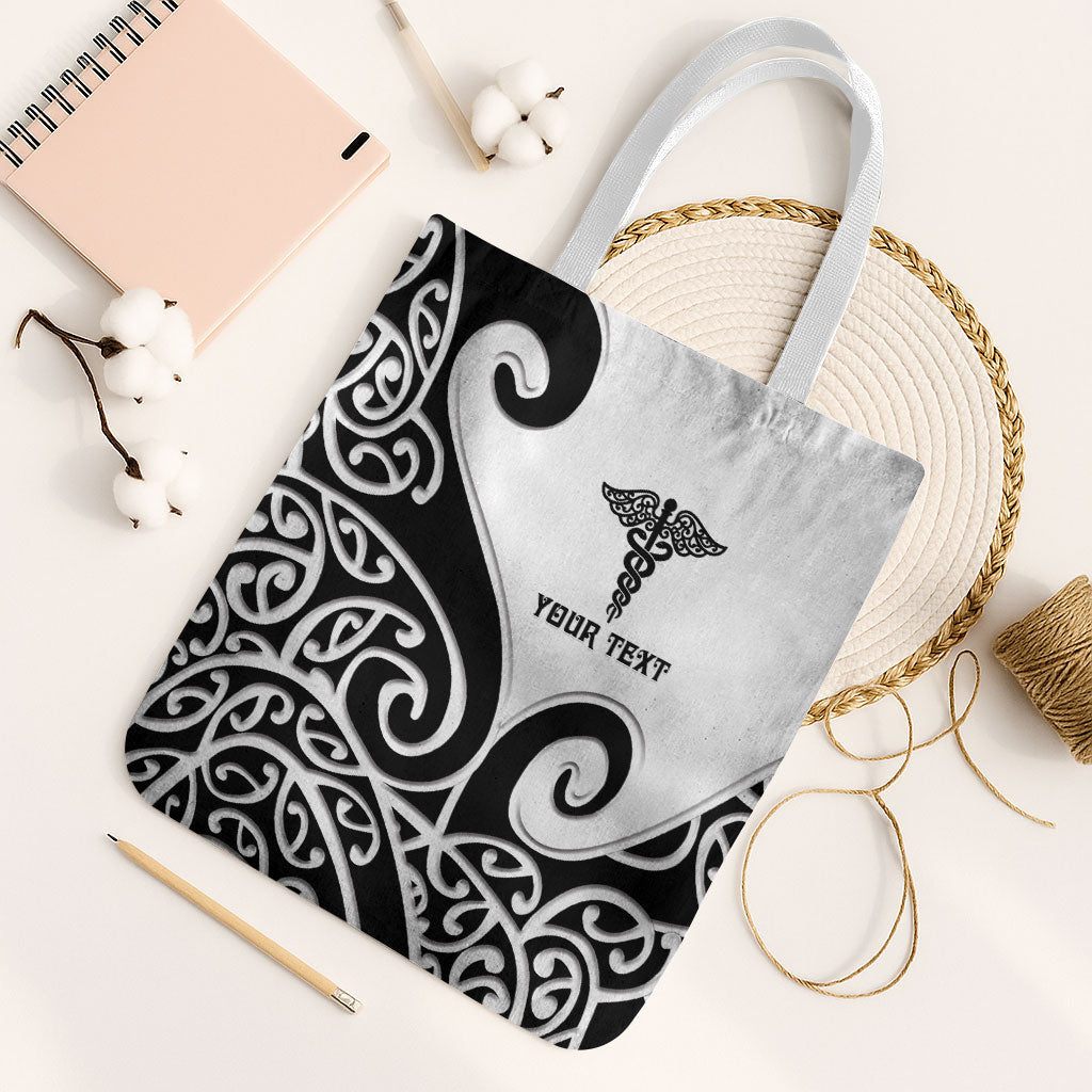 Personalised New Zealand Nurse Tote Bag Maori Koru Black Version