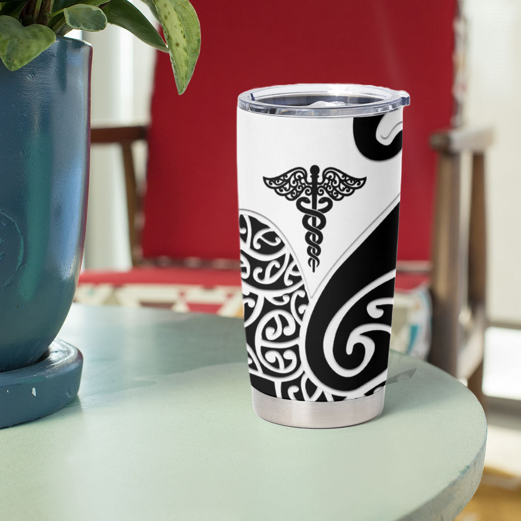 Personalised New Zealand Nurse Tumbler Cup Maori Koru Black Version