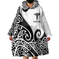 Personalised New Zealand Nurse Wearable Blanket Hoodie Maori Koru Black Version