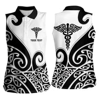 Personalised New Zealand Nurse Women Sleeveless Polo Shirt Maori Koru Black Version