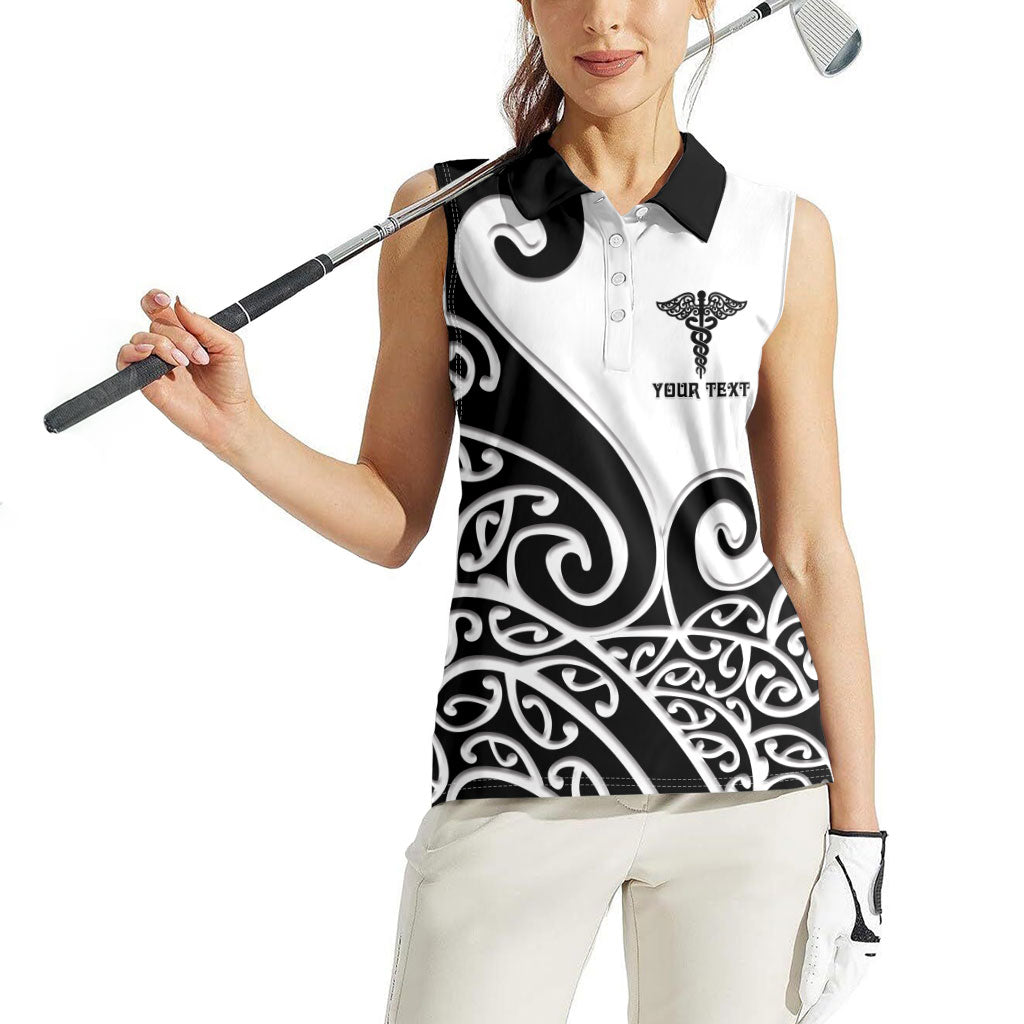 Personalised New Zealand Nurse Women Sleeveless Polo Shirt Maori Koru Black Version