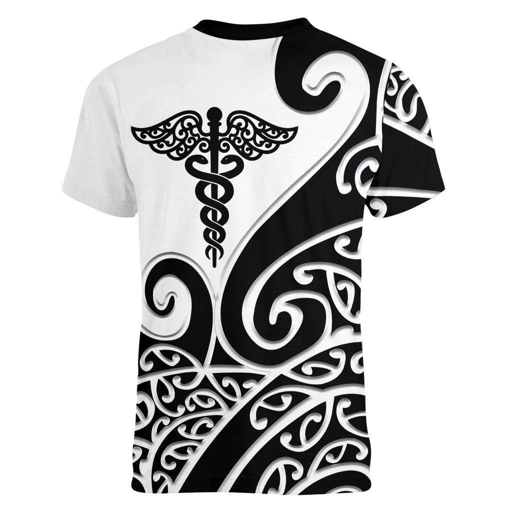 Personalised New Zealand Nurse Women V-Neck T-Shirt Maori Koru Black Version