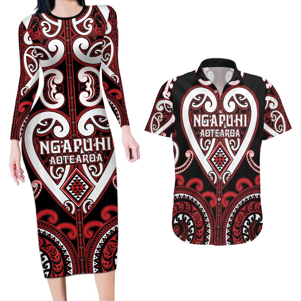 Custom Aotearoa Ngapuhi Couples Matching Long Sleeve Bodycon Dress and Hawaiian Shirt Maori Tribal Pattern