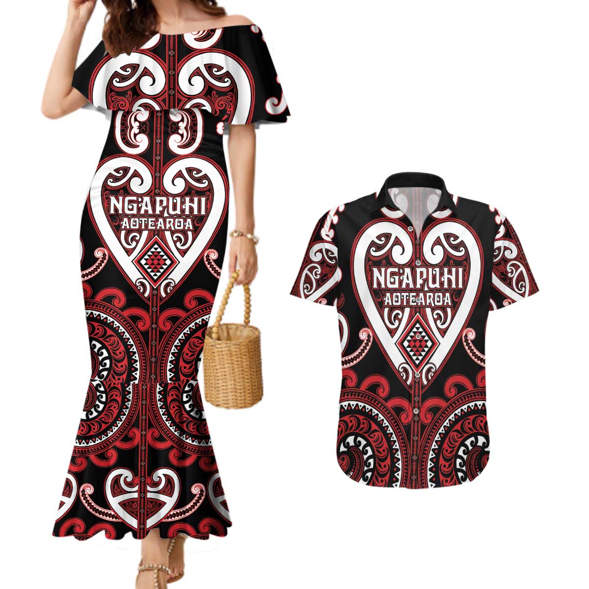Custom Aotearoa Ngapuhi Couples Matching Mermaid Dress and Hawaiian Shirt Maori Tribal Pattern