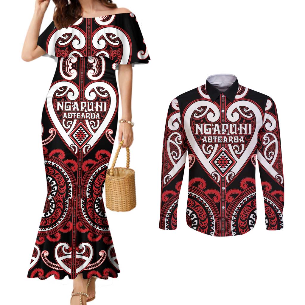 Custom Aotearoa Ngapuhi Couples Matching Mermaid Dress and Long Sleeve Button Shirt Maori Tribal Pattern
