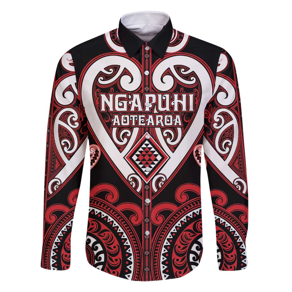 Custom Aotearoa Ngapuhi Family Matching Long Sleeve Bodycon Dress and Hawaiian Shirt Maori Tribal Pattern LT05 Dad's Shirt - Long Sleeve Red - Polynesian Pride