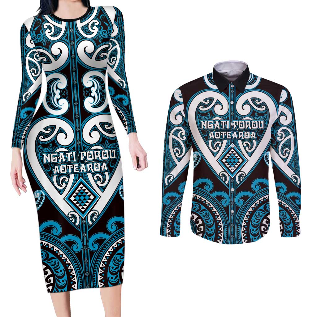 Custom Aotearoa Ngati Porou Couples Matching Long Sleeve Bodycon Dress and Long Sleeve Button Shirt Maori Tribal Pattern