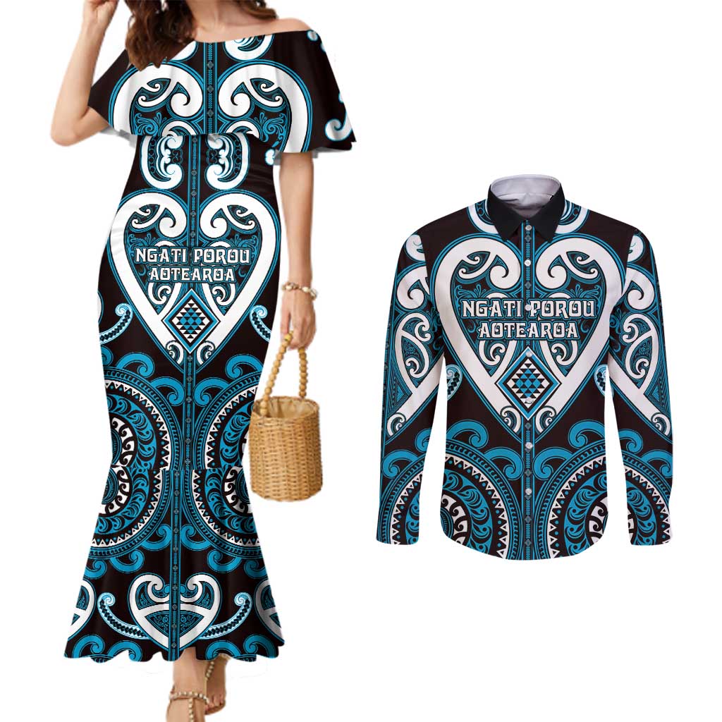 Custom Aotearoa Ngati Porou Couples Matching Mermaid Dress and Long Sleeve Button Shirt Maori Tribal Pattern