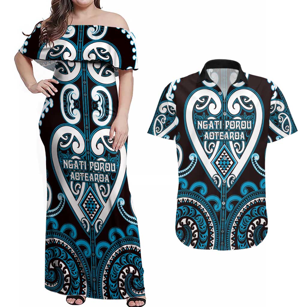 Custom Aotearoa Ngati Porou Couples Matching Off Shoulder Maxi Dress and Hawaiian Shirt Maori Tribal Pattern