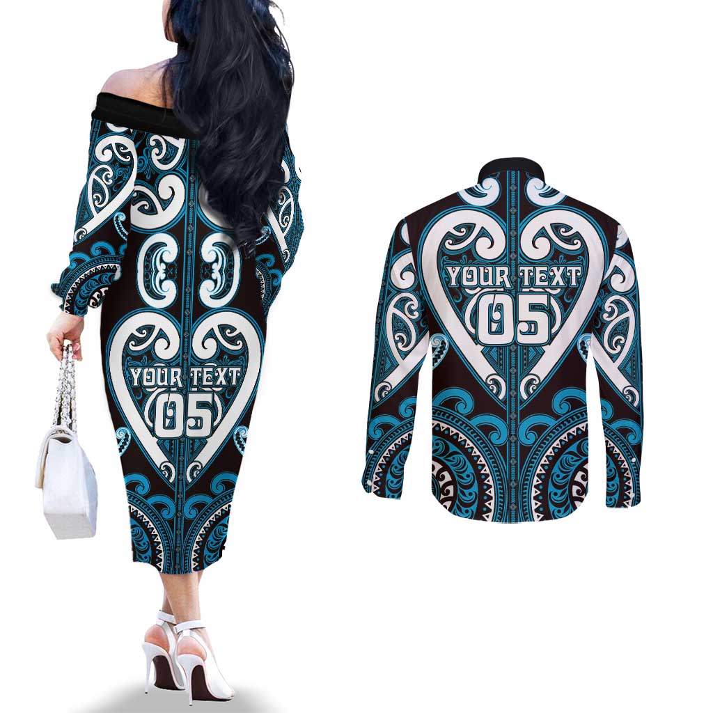 Custom Aotearoa Ngati Porou Couples Matching Off The Shoulder Long Sleeve Dress and Long Sleeve Button Shirt Maori Tribal Pattern