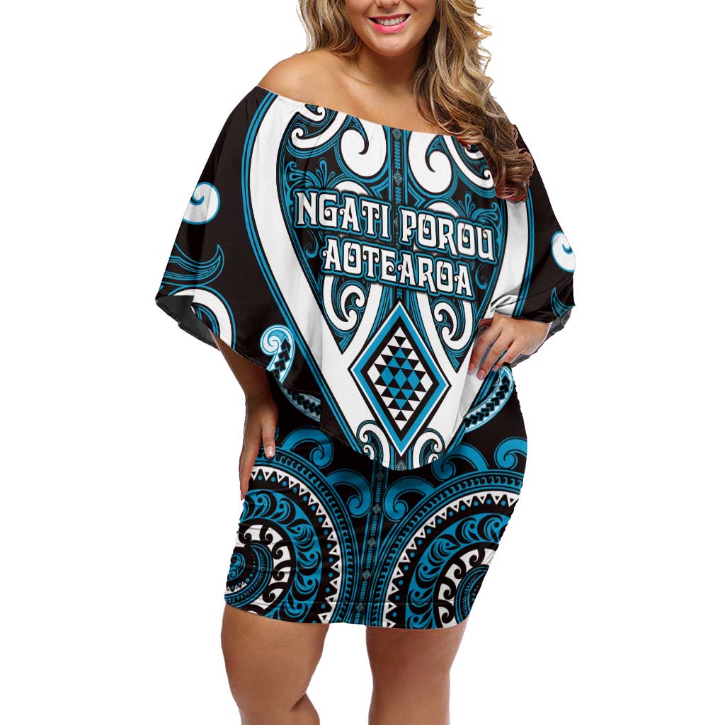 Custom Aotearoa Ngati Porou Family Matching Off Shoulder Short Dress and Hawaiian Shirt Maori Tribal Pattern LT05 Mom's Dress Blue - Polynesian Pride