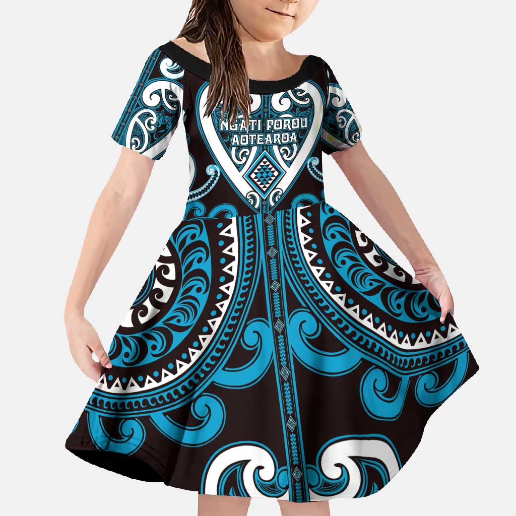 Custom Aotearoa Ngati Porou Family Matching Short Sleeve Bodycon Dress and Hawaiian Shirt Maori Tribal Pattern LT05 Daughter's Dress Blue - Polynesian Pride