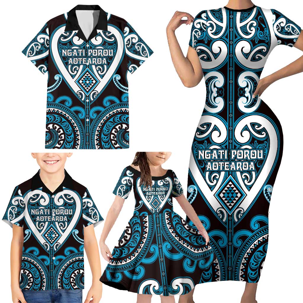 Custom Aotearoa Ngati Porou Family Matching Short Sleeve Bodycon Dress and Hawaiian Shirt Maori Tribal Pattern LT05 - Polynesian Pride