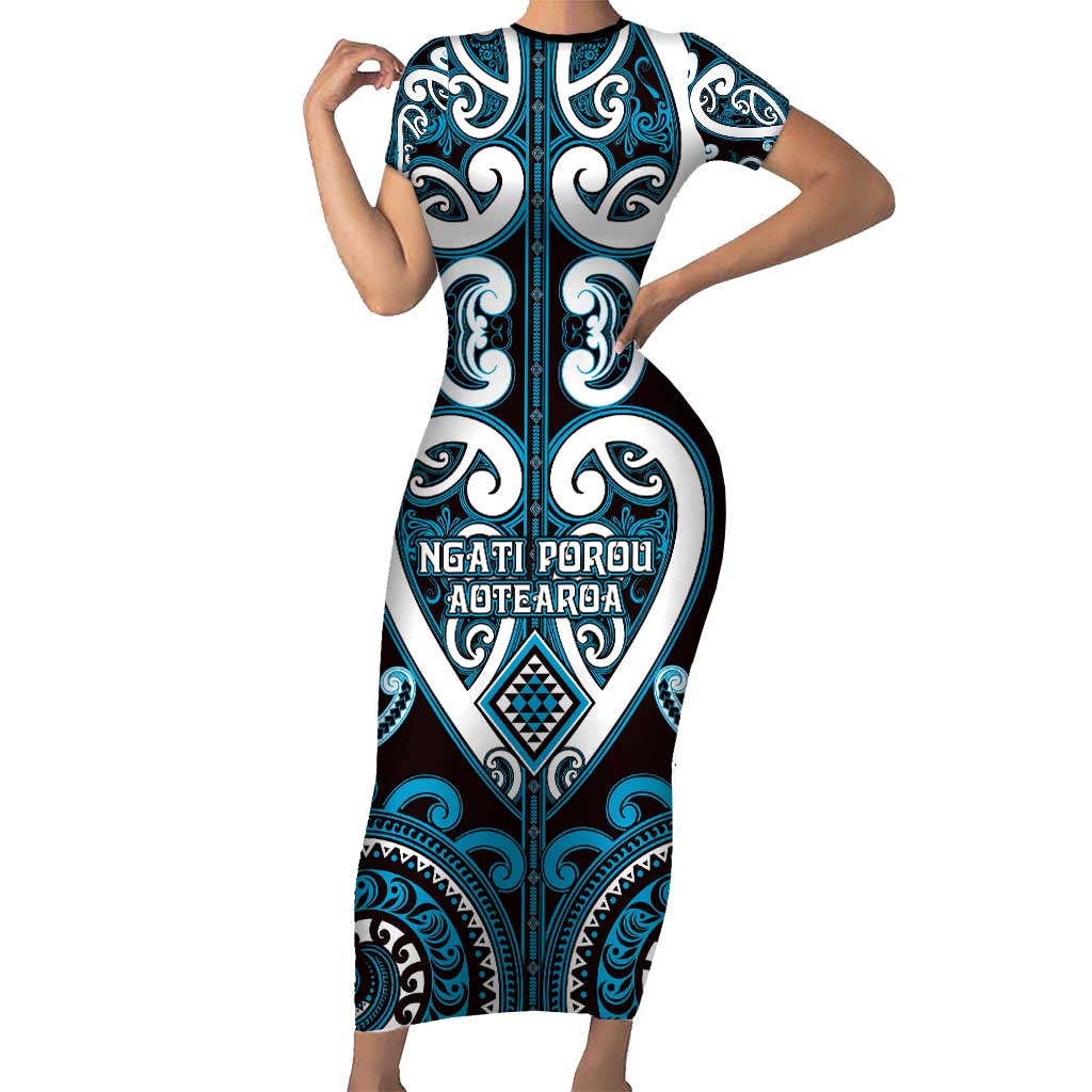 Custom Aotearoa Ngati Porou Family Matching Short Sleeve Bodycon Dress and Hawaiian Shirt Maori Tribal Pattern LT05 Mom's Dress Blue - Polynesian Pride
