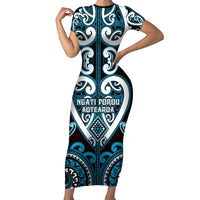 Custom Aotearoa Ngati Porou Family Matching Short Sleeve Bodycon Dress and Hawaiian Shirt Maori Tribal Pattern LT05 Mom's Dress Blue - Polynesian Pride