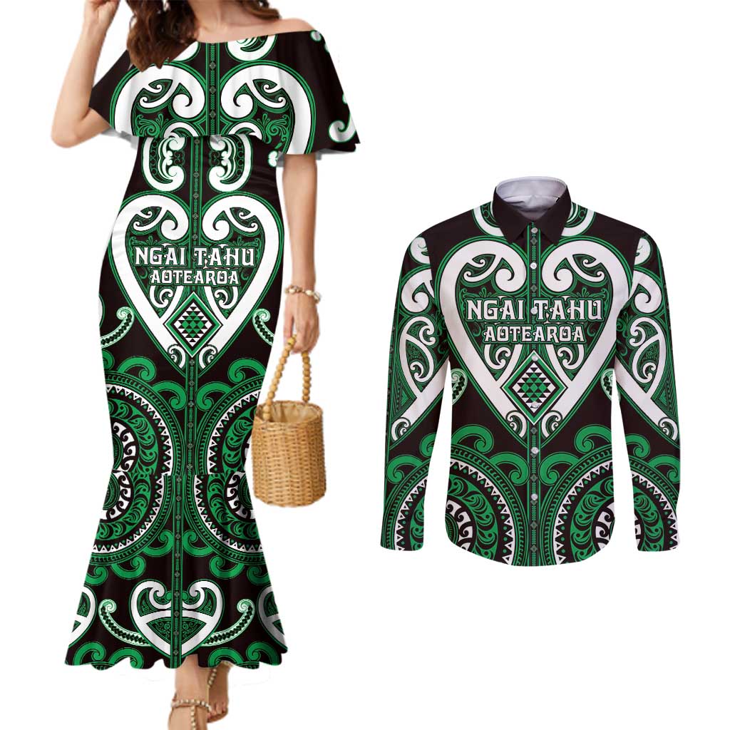 Custom Aotearoa Ngai Tahu Couples Matching Mermaid Dress and Long Sleeve Button Shirt Maori Tribal Pattern