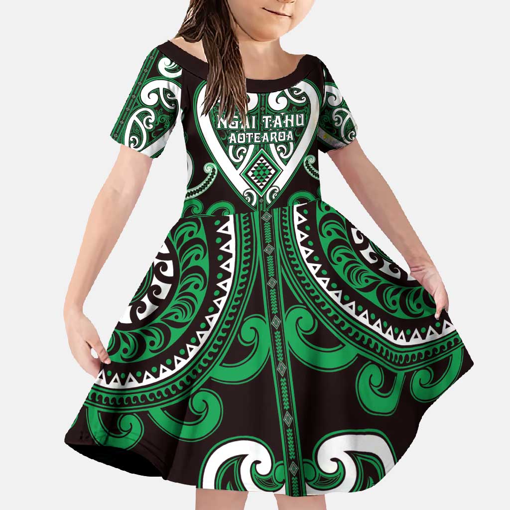 Custom Aotearoa Ngai Tahu Family Matching Long Sleeve Bodycon Dress and Hawaiian Shirt Maori Tribal Pattern LT05 Daughter's Dress Green - Polynesian Pride