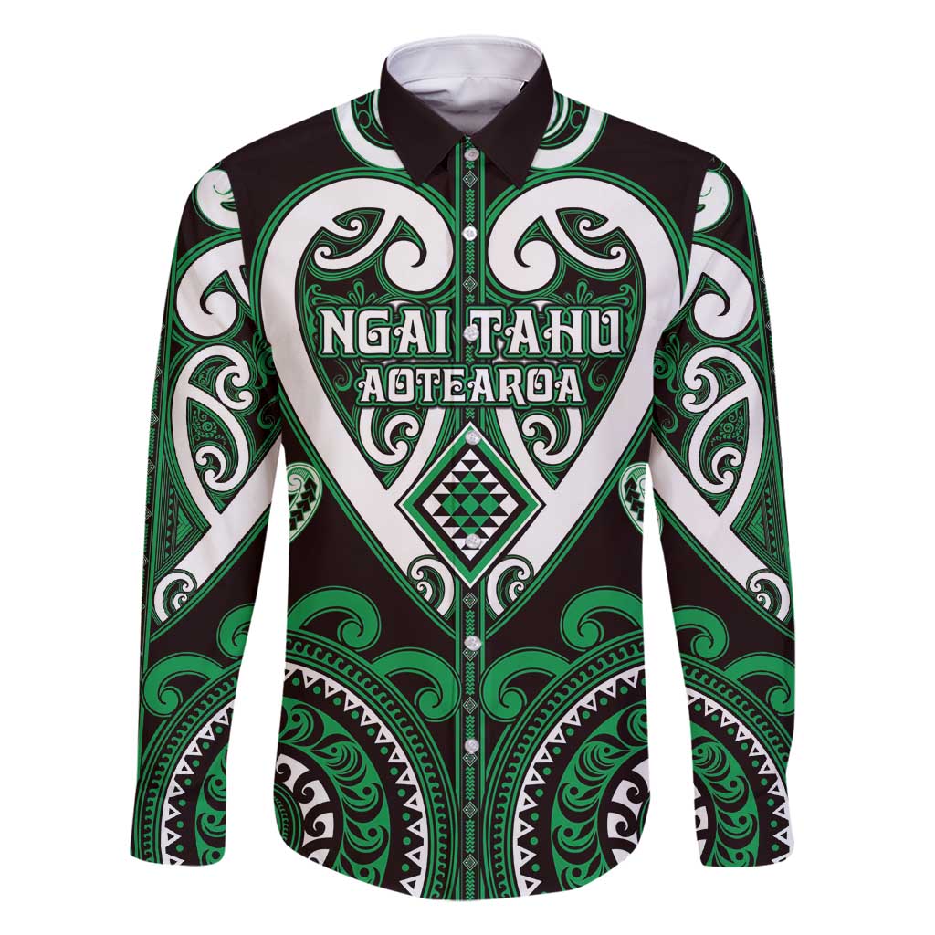 Custom Aotearoa Ngai Tahu Family Matching Long Sleeve Bodycon Dress and Hawaiian Shirt Maori Tribal Pattern LT05 Dad's Shirt - Long Sleeve Green - Polynesian Pride