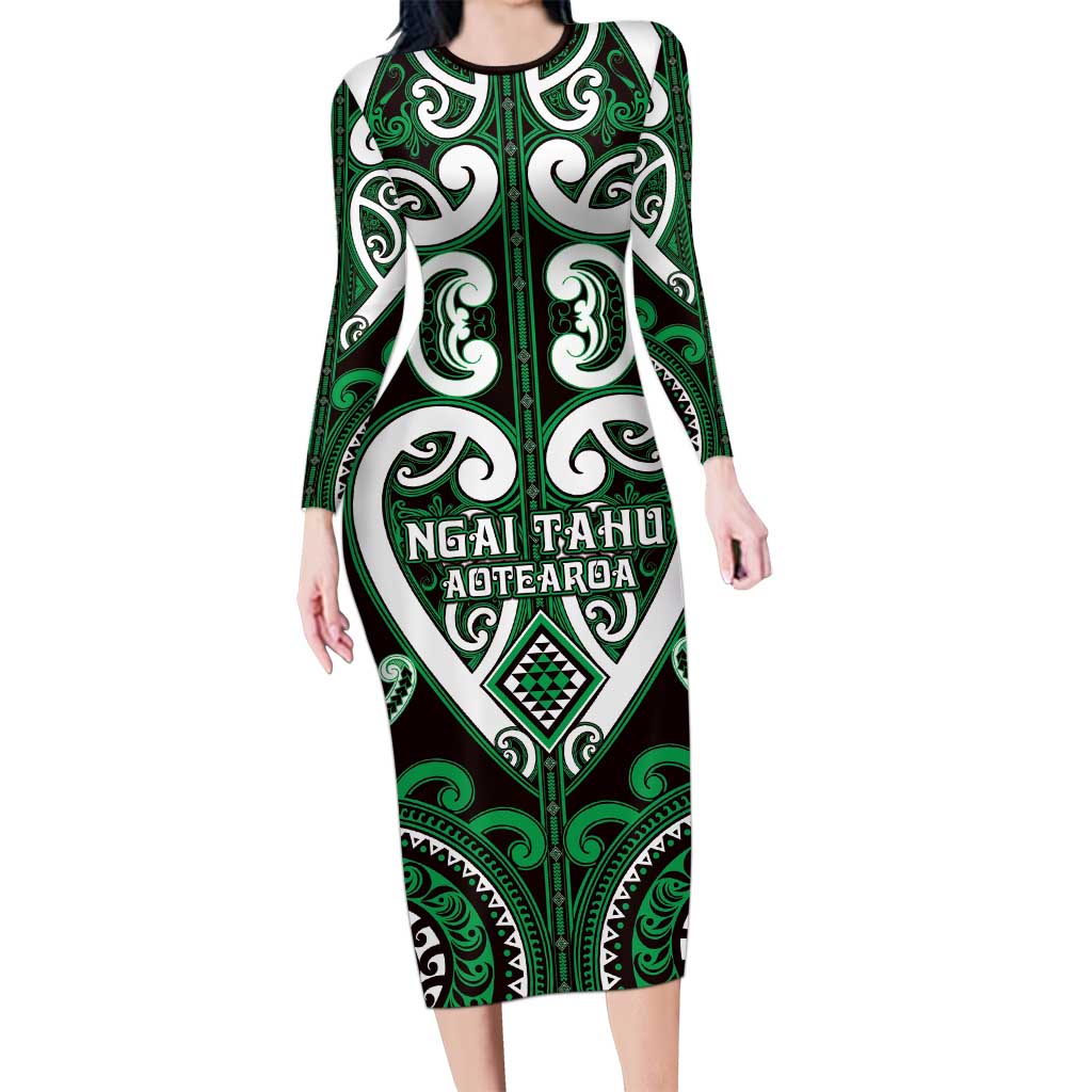 Custom Aotearoa Ngai Tahu Family Matching Long Sleeve Bodycon Dress and Hawaiian Shirt Maori Tribal Pattern LT05 Mom's Dress Green - Polynesian Pride